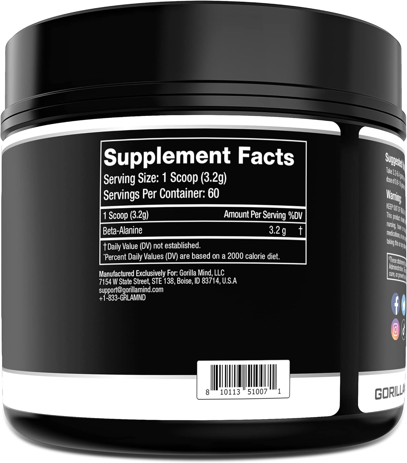 Gorilla Mind Beta-Alanine Carnosine Precursor,Enhanced Muscular Endurance, 3.2 Grams per Servings
