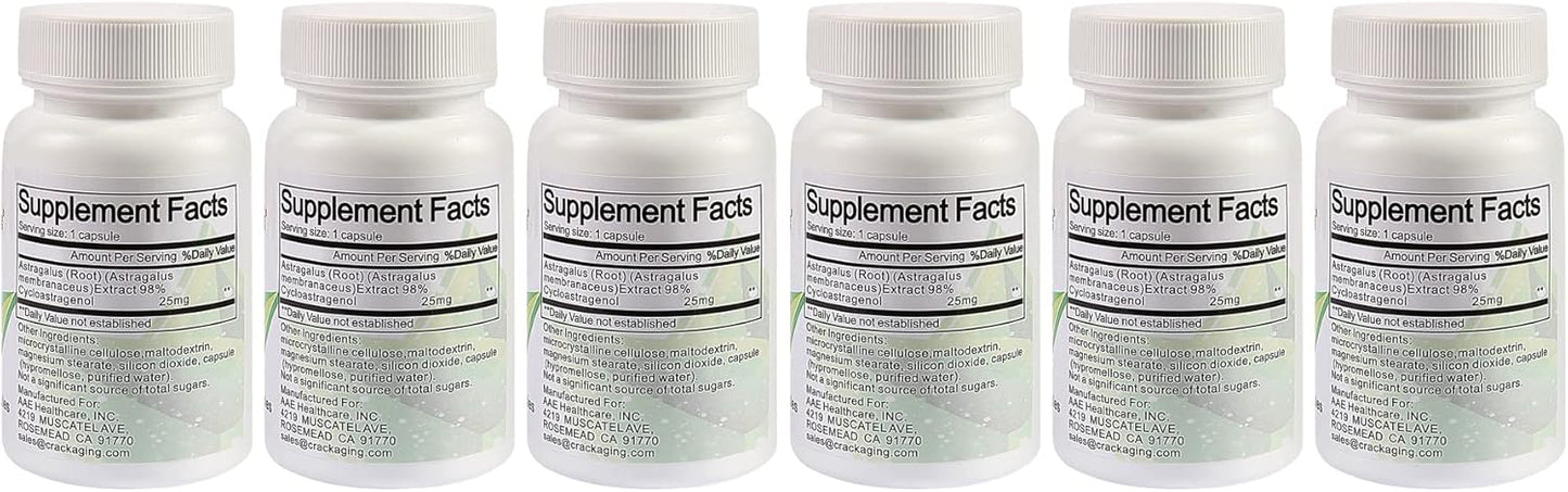 Crackaging Super-Absorption Cycloastragenol 98% 25mg/Cap, 180 Caps in 6 Bottles Anti-Aging reactivate & DNA Cell Telomerase Supplements Strength Faction Longevity Classic
