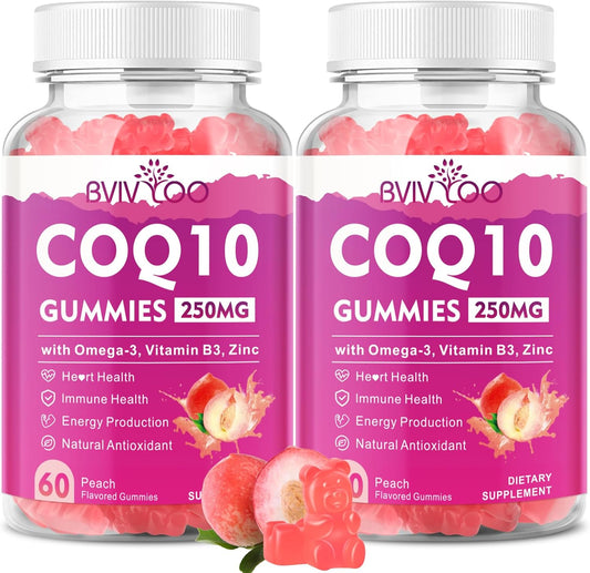 2 Pack CoQ10 Gummies 250mg, Plus Omega-3, Vitamin B3 & Zinc, Magnesium - High Absorption Coenzyme Q10 Supplements for Heart Health, Cellular Energy, & Antioxidant Support, 120 Count