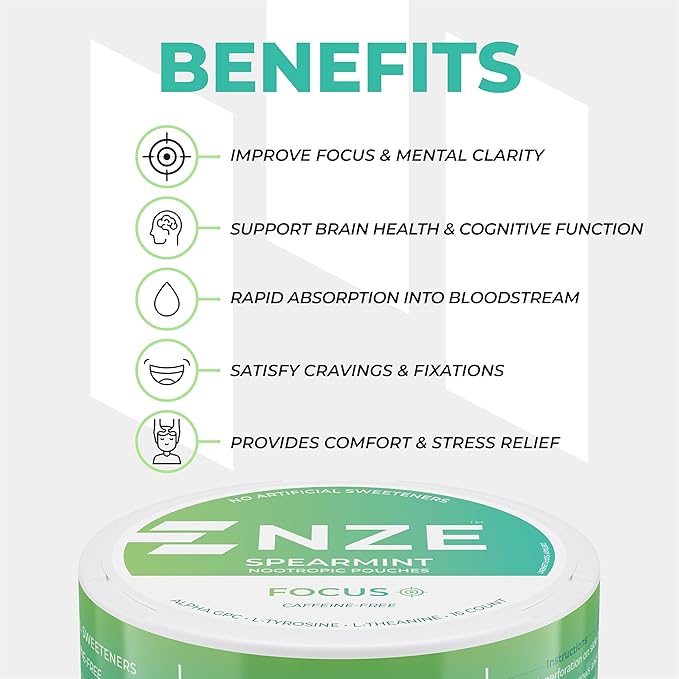 NZE Caffeine Free Nootropic Pouches (Spearmint) - Nootropic Pouches with Alpha GPC, L-Tyrosine & L-Theanine - No Sugar or Artificial Sweeteners - 15 Nicotine Free Pouches Per Can - 5 Pack