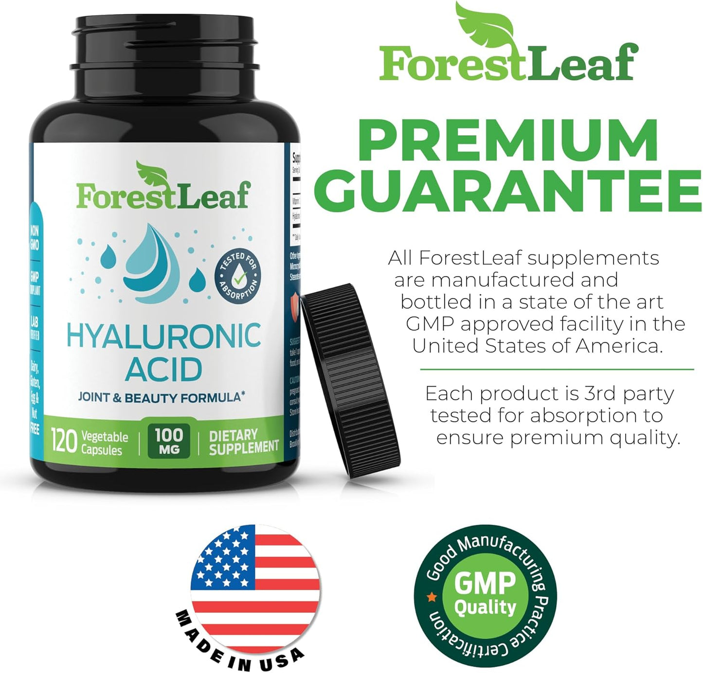 ForestLeaf Hyaluronic Acid Supplements | 100mg High Bioavailable Dietary Hyaluronic Acid Powder Capsules + 50mg VIT C | Supports Skin Hydration, Joint Lubrication, Anti-Aging, Hair & Nails | 120 Caps