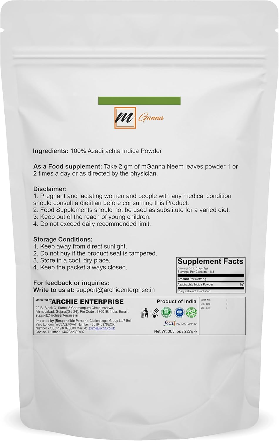 100% Natural Neem Leaf Powder Pure Azadirachta Indica for Skin, Hair Care and Cosmetic Formulations 227 GMS / 0.5 LBS