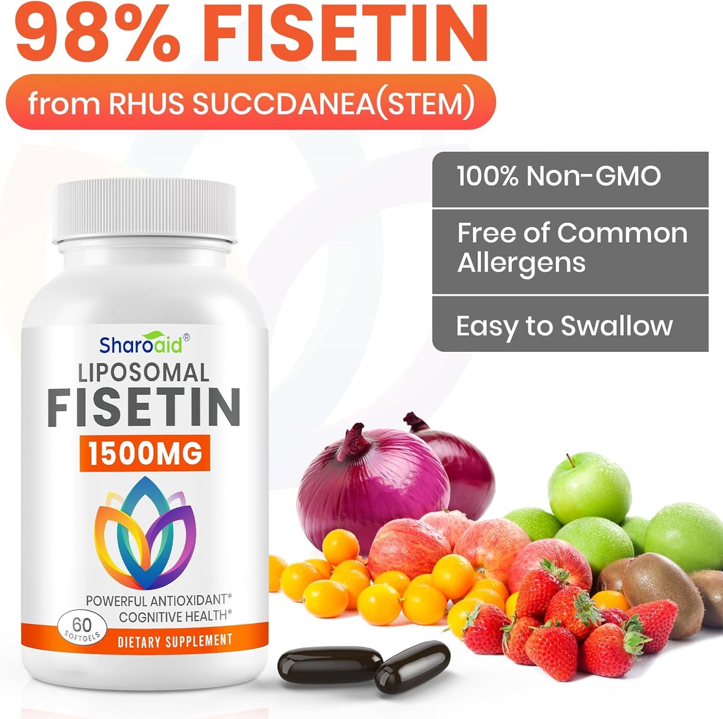 1500mg Fisetin Supplements - Powerful Absorption with Liposomal Delivery,98% Pure Fisetin,Polyphenol Antioxidant for Healthy Aging,Non-GMO - 1 Bottles, 60 Softgels for Adults