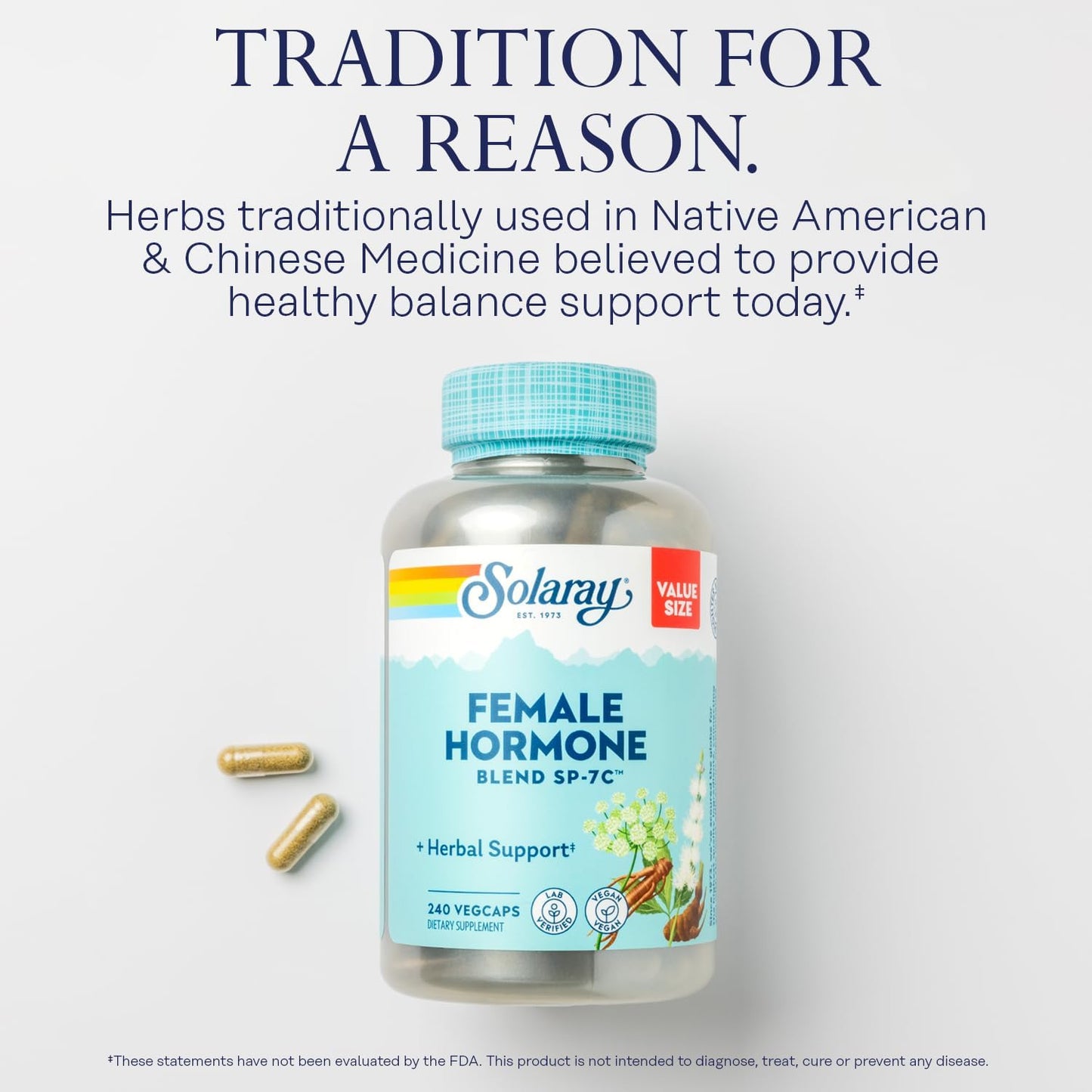 SOLARAY Female Hormone Blend SP-7C, Herbal Support Hormonal Balance for Women with Black Cohosh, Dong Quai, Wild Yam, and More, Vegan, Lab Verified, 60-Day Guarantee, 120 Servings, 240 VegCaps