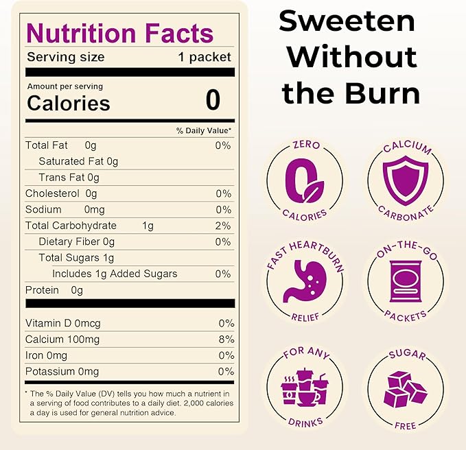 Sweet Relief Soothe Natural Antacids for Acid Reflux - Calcium Carbonate Heartburn Relief, Zero Calorie Sweetener, Beverage Enhancer (50 Count)