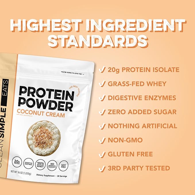Clean Simple Eats Whey Protein Powder, Coconut Cream Flavor Naturally Sweetened, 100% Grass Fed Protein Powder with Digestive Enzymes & No Artificial Ingredients, Gluten Free, 30 Servings