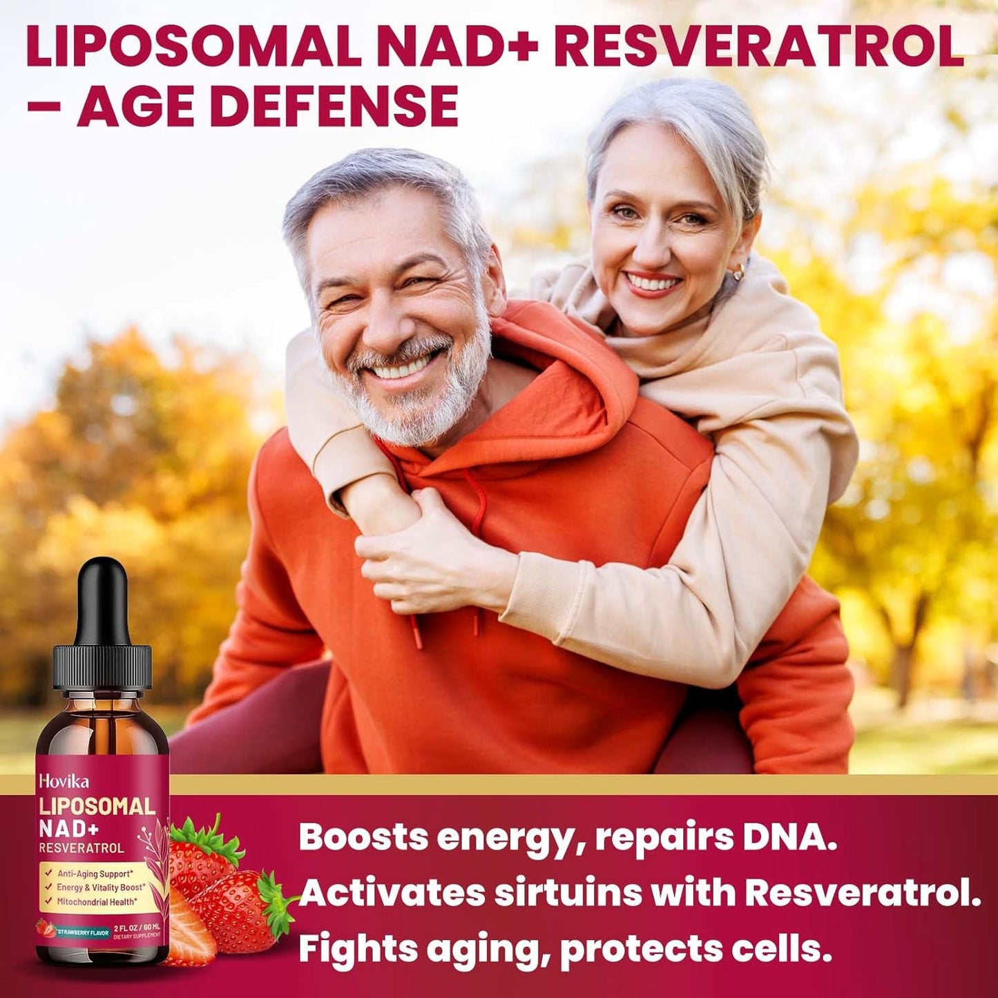 2 Pack Liposomal NAD Supplement - 1200mg NAD+ Liquid Drops for Women & Men with Resveratrol, Black Pepper Extract - Support Anti-Aging, Brain & Cellular Mitochondrial Health - Strawberry Flavor