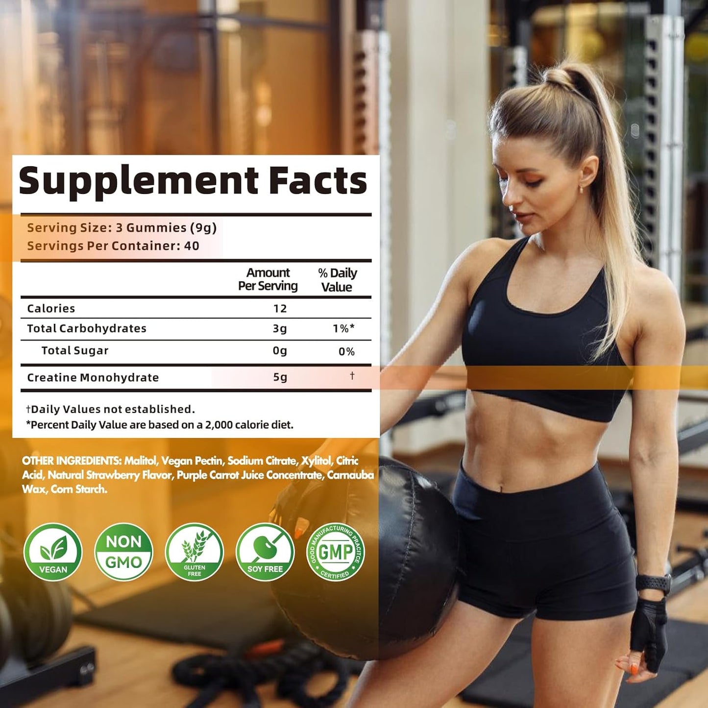 Creatine Monohydrate Gummies for Men & Women-5g of Creatine Monohydrate per Serving - Sugar Free,Vegan,Pineapple Flavor, 120 Count