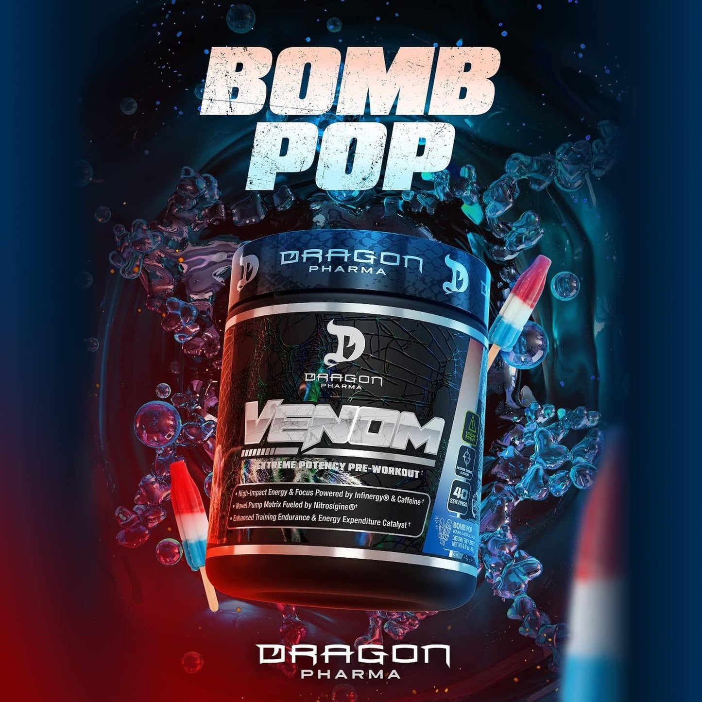 DRAGON PHARMA Venom Extreme Potency Pre-Workout, Laser Sharp Focus + Energy, Intense Performance, Proven Ingredients for Enhanced Vasodilation & Endurance (40 Servings, Bomb Pop)