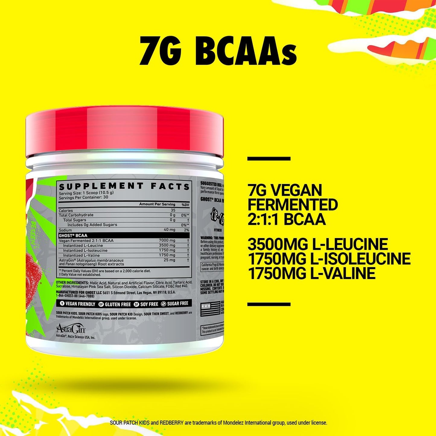 GHOST BCAA Powder Amino Acids Supplement, Sour Patch Kids Redberry - 30 Servings - Sugar-Free Intra, Post & Pre Workout Amino Powder & Recovery Drink, 7G BCAA