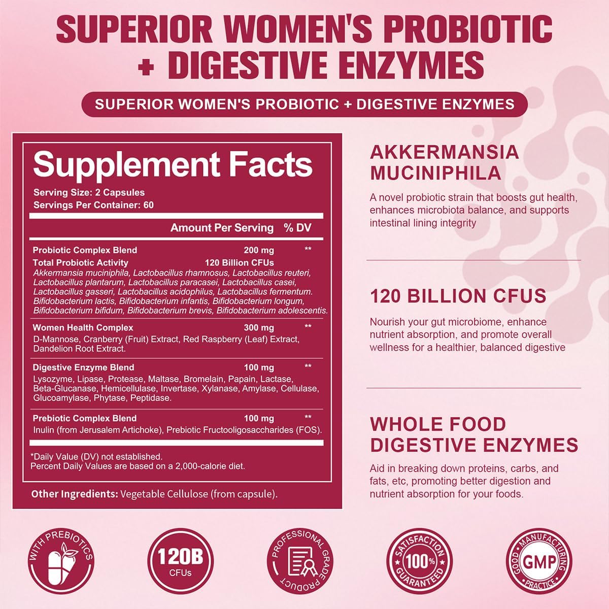 (2 Packs) Probiotics for Women, 120 Billion Women Probiotic, Digestive Enzymes & Prebiotics, with Akkermansia, Cranberry, D-Mannose, for Gut, Urinary, Immune, PH Balance, 240 Vegan Capules