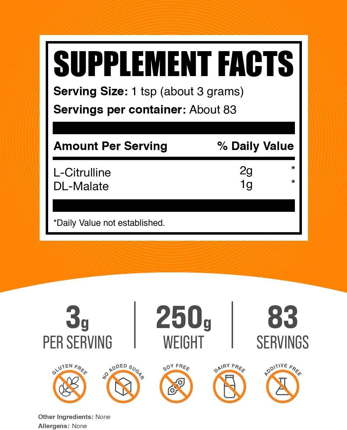 BulkSupplements.com L-Citrulline Malate 2:1 Powder - Nitric Oxide Boost, Citrulline Malate Supplement - Unflavored & Gluten Free - 3g per Servings, 250g (8.8 oz) (Pack of 1)