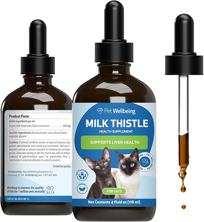 Pet Wellbeing Milk Thistle for Cats - Organic Herb, Milk Thistle Liver Detox Support, Antioxidants - NASC Certified & Vet-Formulated - 4 oz Liquid