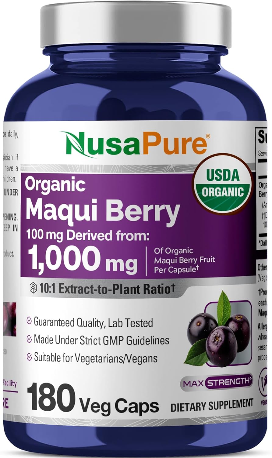 NusaPure USDA Organic Maqui Berry 10:1 Extract, 100 mg Equivalent to 1,000 mg 180 Veg Caps Suitable for Vegetarians and Vegans, Non-GMO