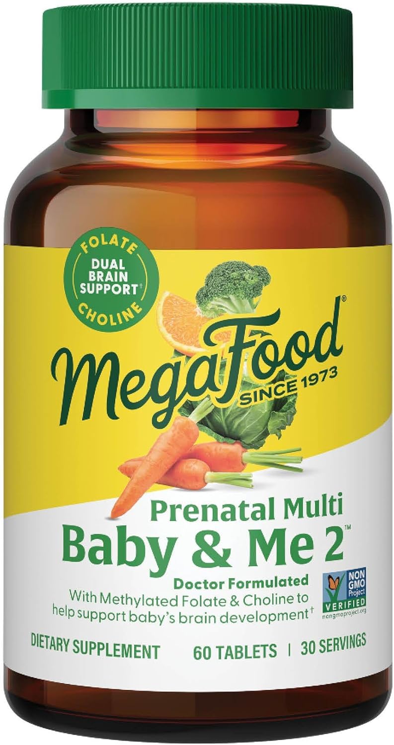 MegaFood Baby & Me 2 Prenatal Multi - Prenatal Vitamins for Women with Choline, Methyl Folate, Iron - Gluten-Free, Vegetarian, Pre Natal Multivitamin for Women - 60 Tablets, 30 Servings