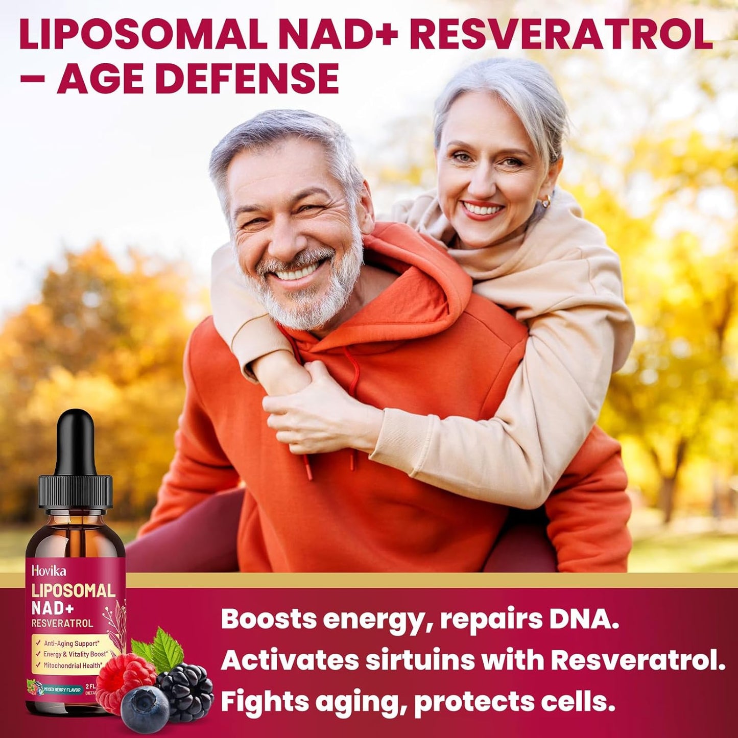Liposomal NAD Supplement - 1200mg NAD+ Liquid Drops for Women & Men with Resveratrol, Black Pepper Extract - Support Anti-Aging, Brain & Cellular Mitochondrial Health - 2 Fl Oz Mixed Berry Flavor