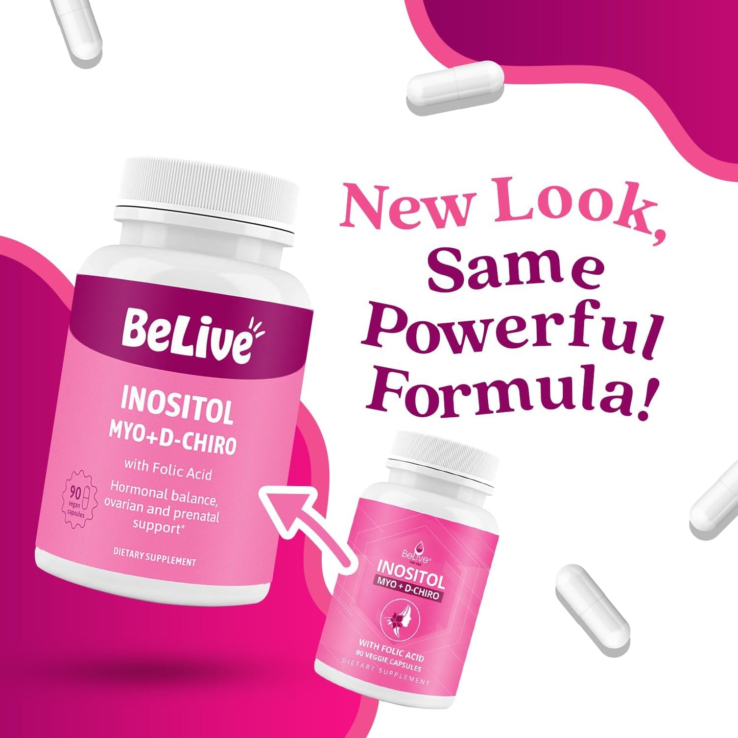 BeLive Myo-Inositol & D-Chiro Inositol Capsules - 90Ct I Inositol Supplement with Folic Acid Supplements for Woman, Optimal 40:1 Ratio (1)
