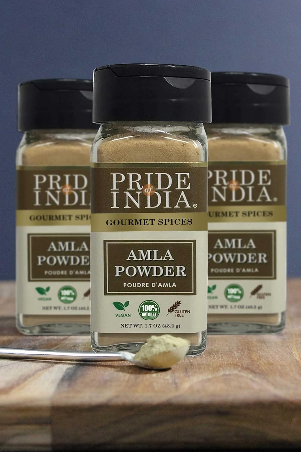 Pride of India – Amla Powder – Gourmet Spice – Tangy & Savory – Pure Indian Gooseberry Ground – Antioxidant Rich – GMO/Gluten Free – Easy to Use – 1.7 oz. Small Dual Sifter Bottle