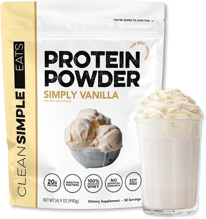 Clean Simple Eats Whey Protein Powder, Simply Vanilla Flavor Naturally Sweetened, 100% Grass Fed Protein Powder with Digestive Enzymes & No Artificial Ingredients, Gluten Free, 30 Servings