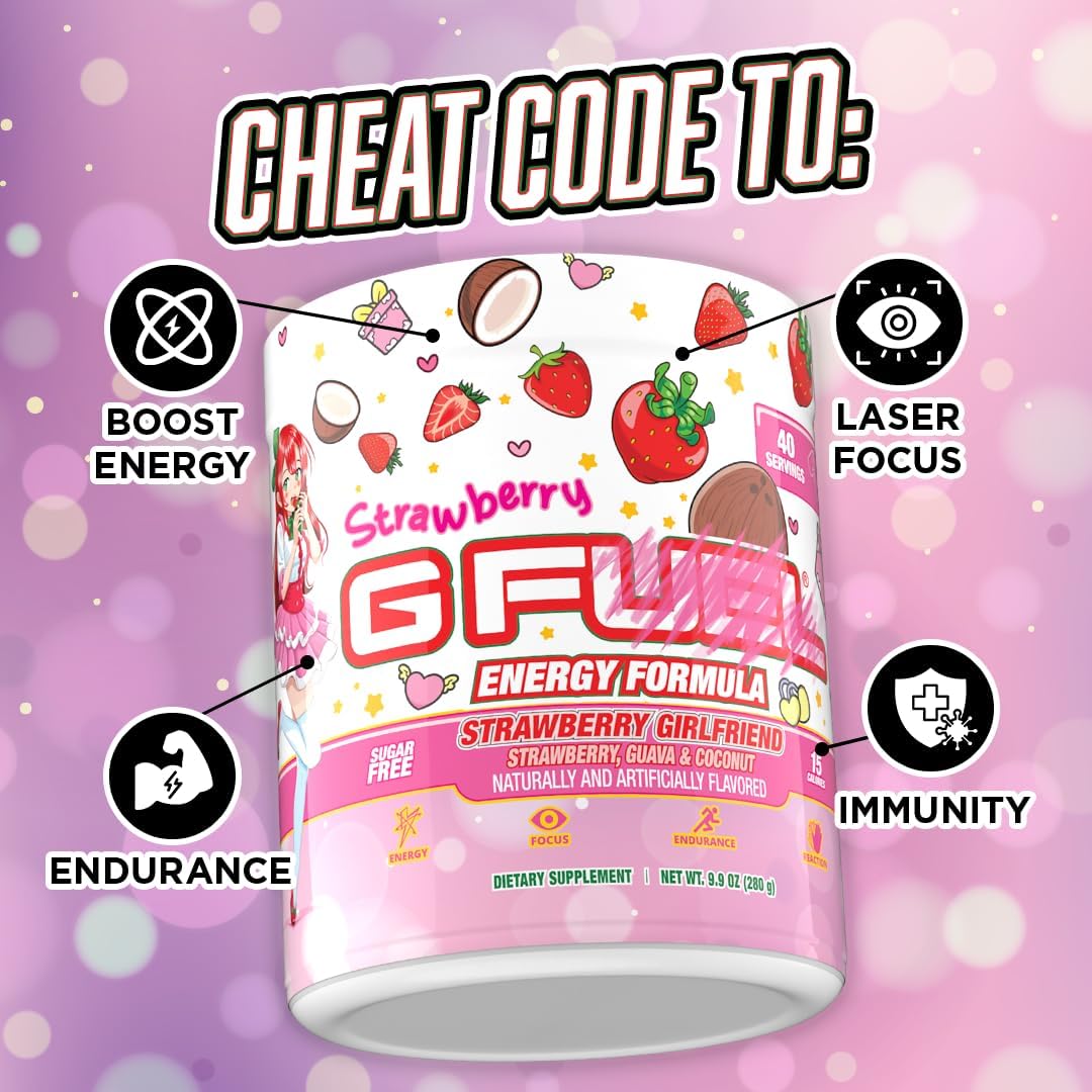 G Fuel Strawberry Girlfriend Energy Drink Powder, Pre Workout Caffeine Mix for Gaming, Sugar Free Focus Amino + Antioxidants, 9.9oz (Strawberry Guava, Coconut, 40 Servings)