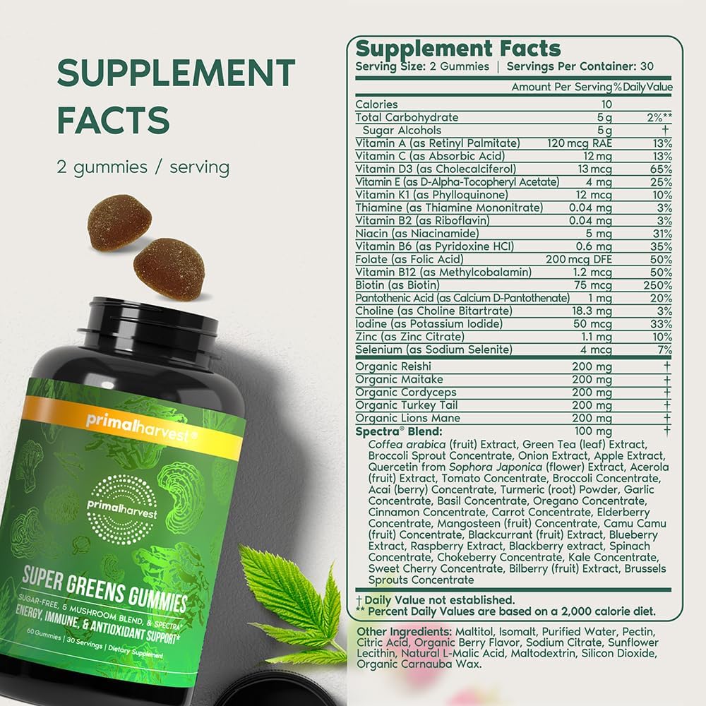 Primal Harvest Super Greens Gummies, Superfood Blend with Adaptogenic Mushrooms Vitamins & Nutrient-Rich Minerals & Antioxidants for Energy & Immune Support (1 Pack (60 Count), Berry)