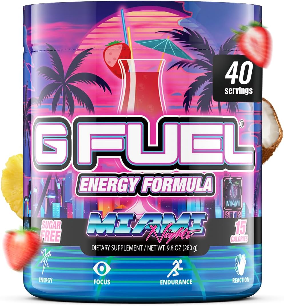 G Fuel Miami Nights Energy Drink Powder, Pre Workout Caffeine Mix for Gaming, Sugar Free Focus Amino, Vitamin + Antioxidants, 9.9oz (Strawberry Pina Colada, 40 Servings)