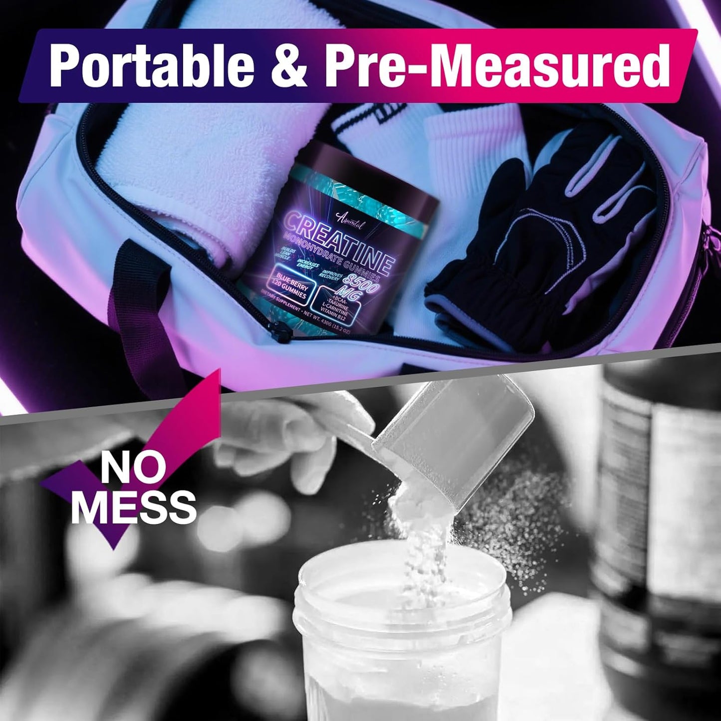 Creatine Monohydrate Gummies Complex 8500 MG for Men & Women, Creatine Monohydrate Supplement for Muscle Growth, Strength & Energy Support, Pre Workout Gummies 120 Count Blueberry