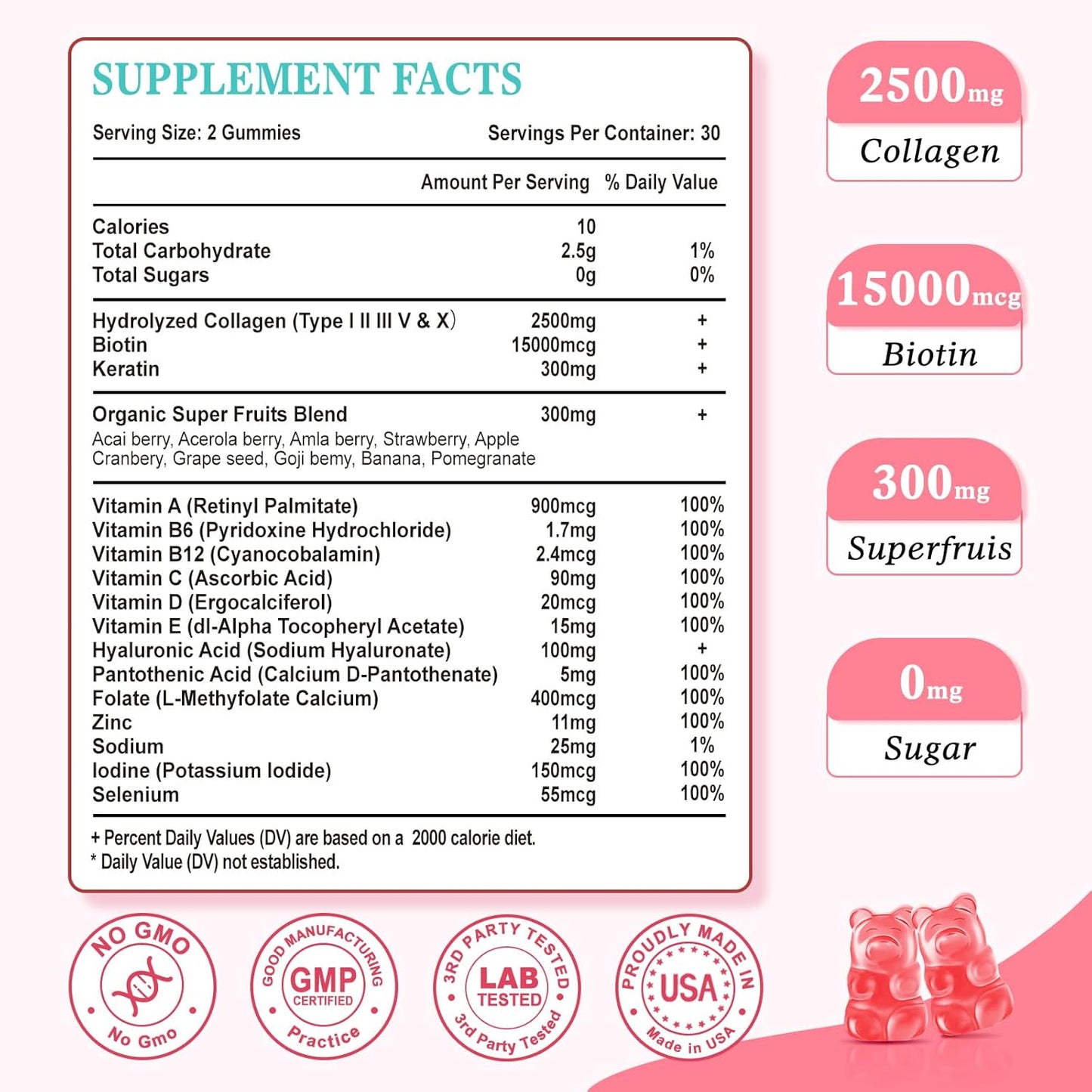 2 Pack Sugar Free Collagen Gummies for Women Men, Multi Collagen Peptides Gummies Type I II III V X with Biotin Vitamin A B C D E for Hair Skin Nails, Strawberry Flavor, 120 Count