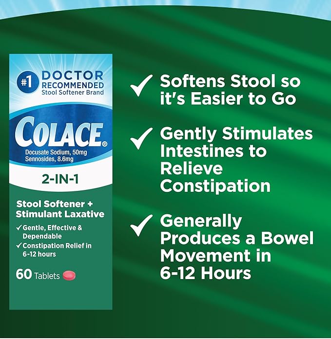 Colace 2-In-1 Stool Softener Plus Stimulant Laxative for Gentle Effective Constipation Relief, Docusate Sodium Plus Sennosides, 60 Count