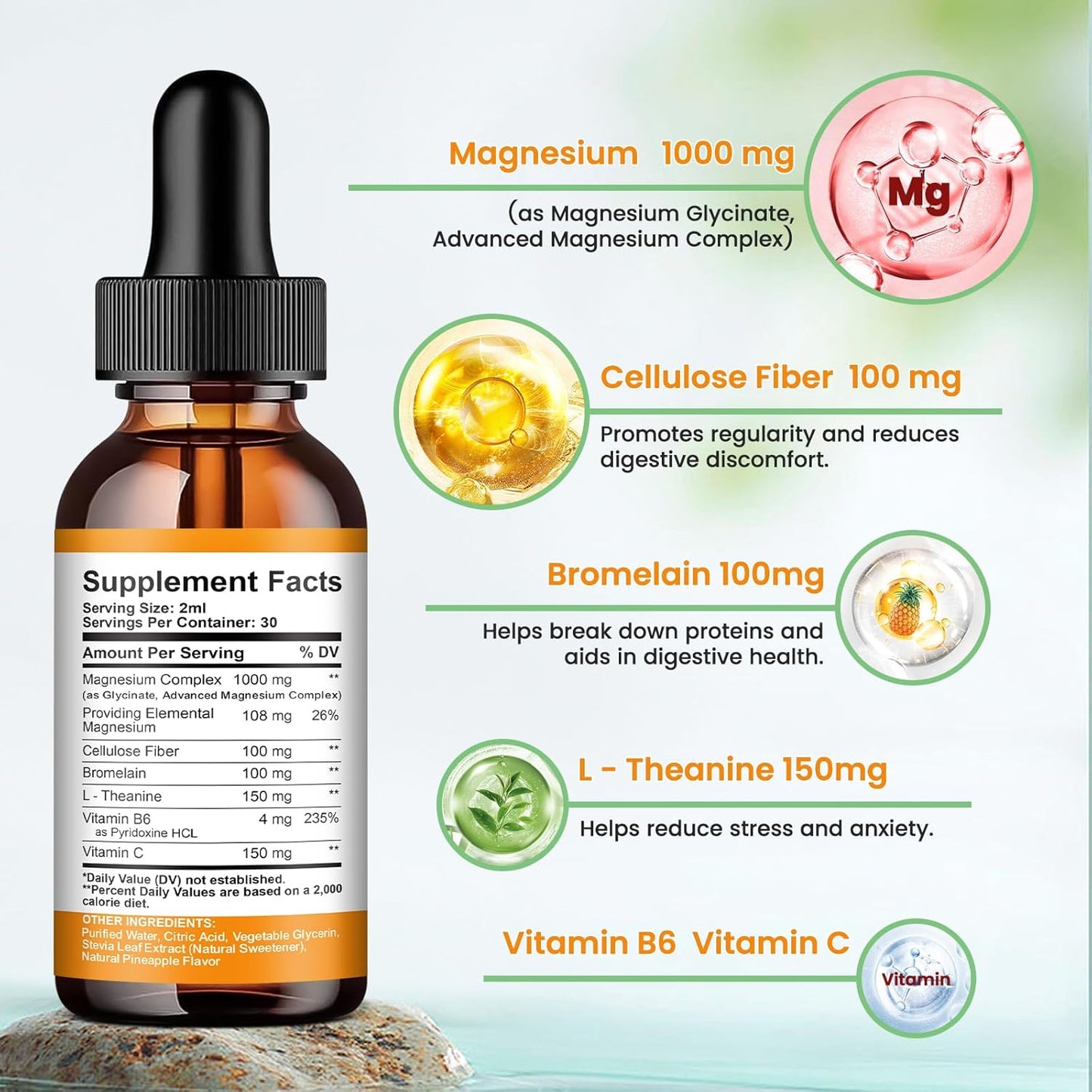 2 Pack Magnesium Glycinate Liquid Drops, 1000mg of Liquid Magnesium Complex Drops for Sleep, Nerve, Energy, Muscle, Bone, Calm & Digestion, High Absorption, 2 Fl Oz, Pineapple Flavor