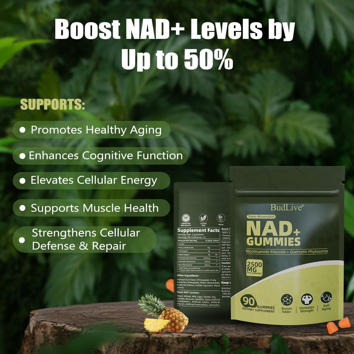 NAD+ Gummies – Sugar-Free NAD Supplement with Liposomal Nicotinamide Riboside, Resveratrol & Quercetin – Anti-Aging, Cellular Energy & Health Support – Pineapple Flavor, 90 Gummies