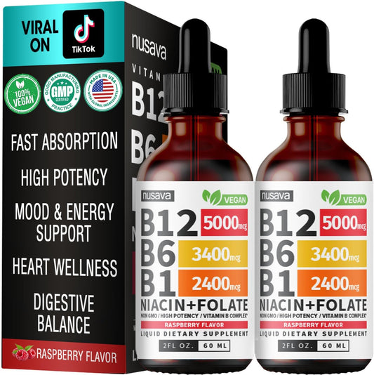 (2 Pack) Vitamin B12 and B6 Liquid Drops, B12 Sublingual Vitamin B Complex - B 12 Vitamin 5000mcg - B12 Methylcobalamin for Energy, Brain, and Heart Support with 27,200 mcg, Raspberry, 80 Servings