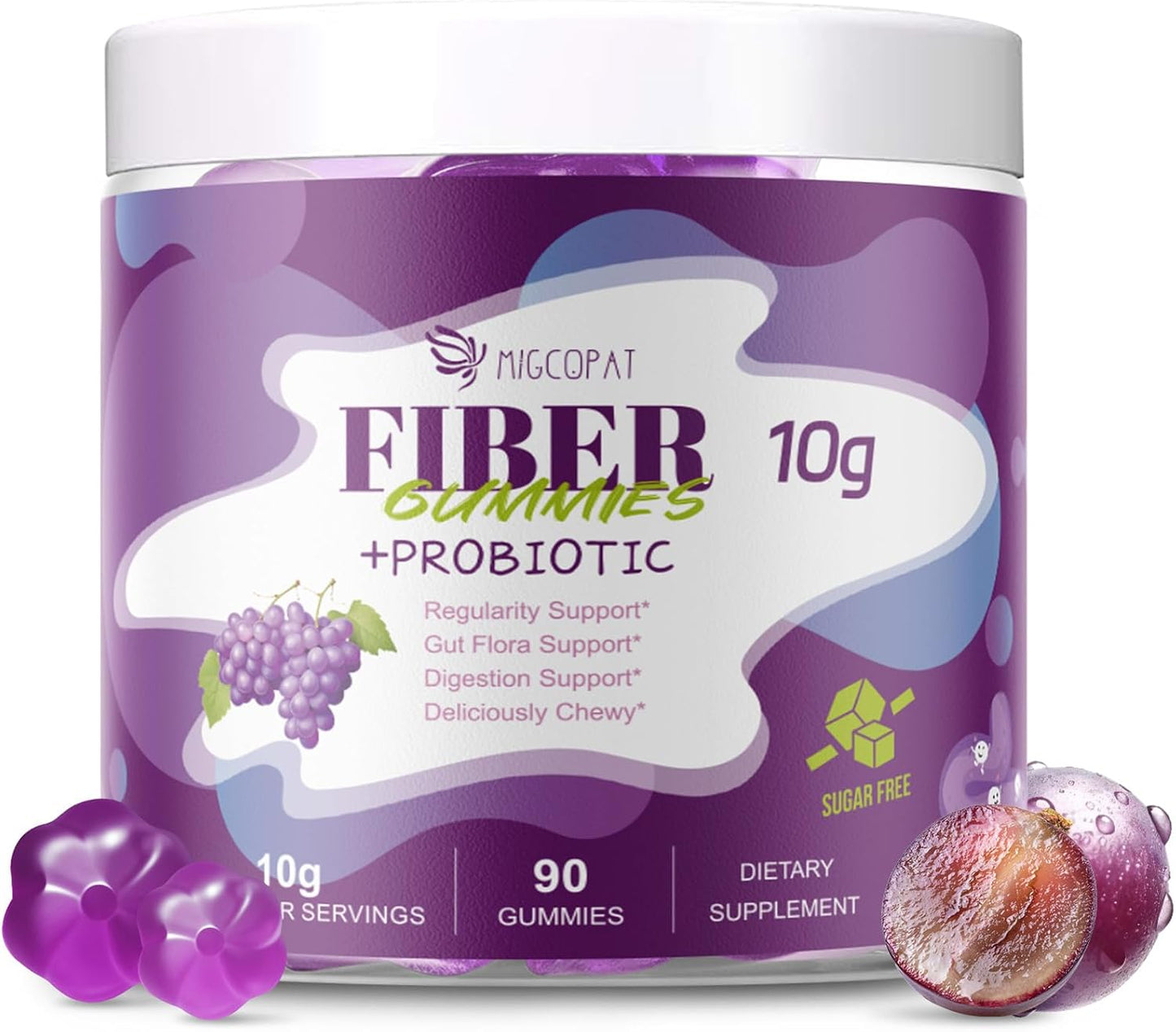10G Fiber Gummies for Adults, No Sugar Added Grape Flavor, Fiber Supplement with 30 Billion CFU Probiotics Blend, ACV, Vitamin C, Inulin, Support Digestive Health, 90 Count