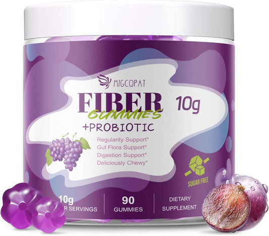 10G Fiber Gummies for Adults, No Sugar Added Grape Flavor, Fiber Supplement with 30 Billion CFU Probiotics Blend, ACV, Vitamin C, Inulin, Support Digestive Health, 90 Count