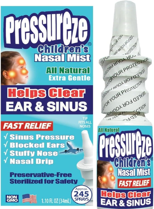 Pressureze Preservative-Free Sterile Nasal Spray for Children - for Sinus and Ear Relief - Open Blocked Ear Canals - Kids Fast Congestion Relief Nasal Spray, 245 Sprays - 34 ml (Pack of 1)