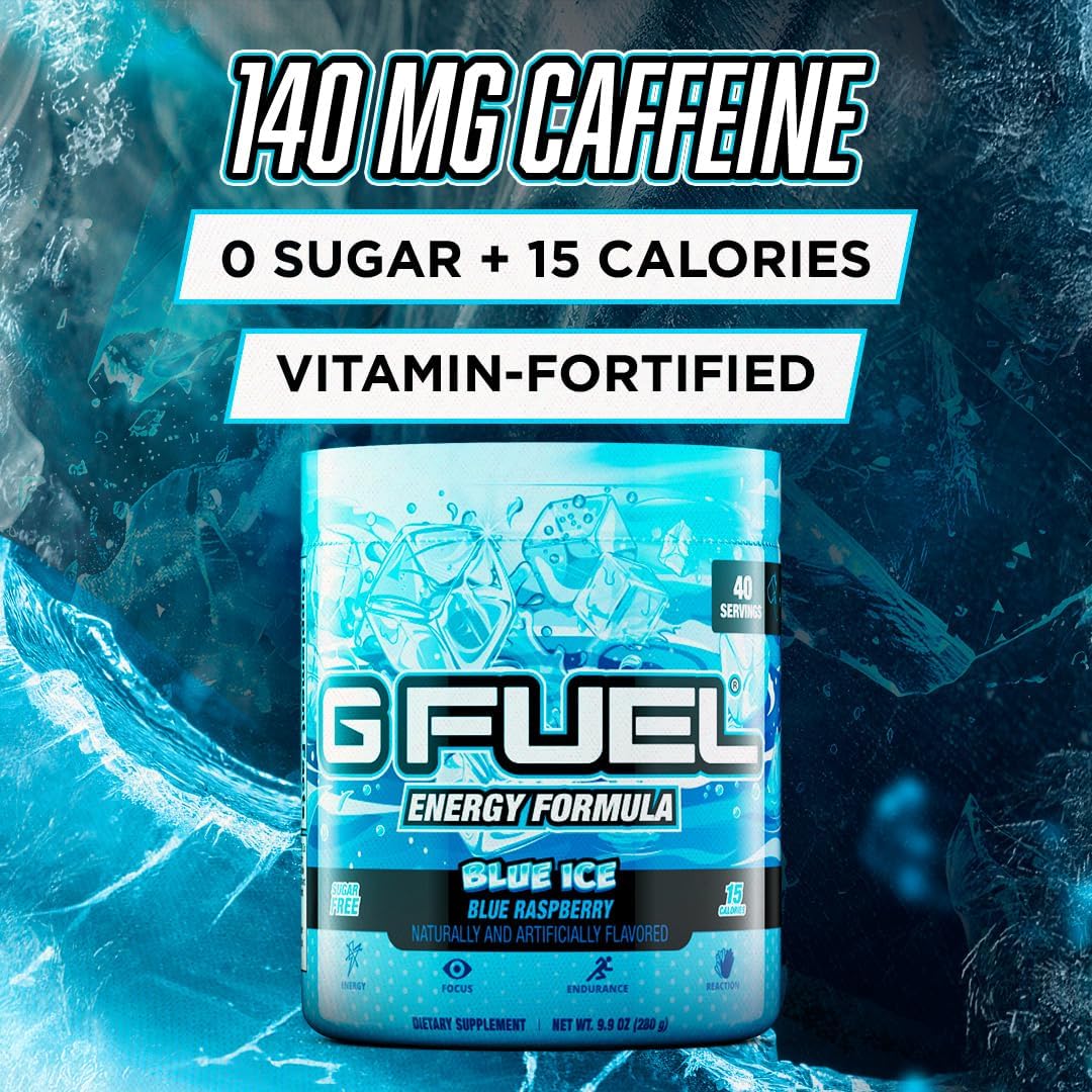 G Fuel Blue Ice Energy Drink Powder, Pre Workout Caffeine Mix for Gaming, Sugar Free Focus Amino, Vitamin + Antioxidants, 9.9oz (Blue Raspberry, 40 Servings)