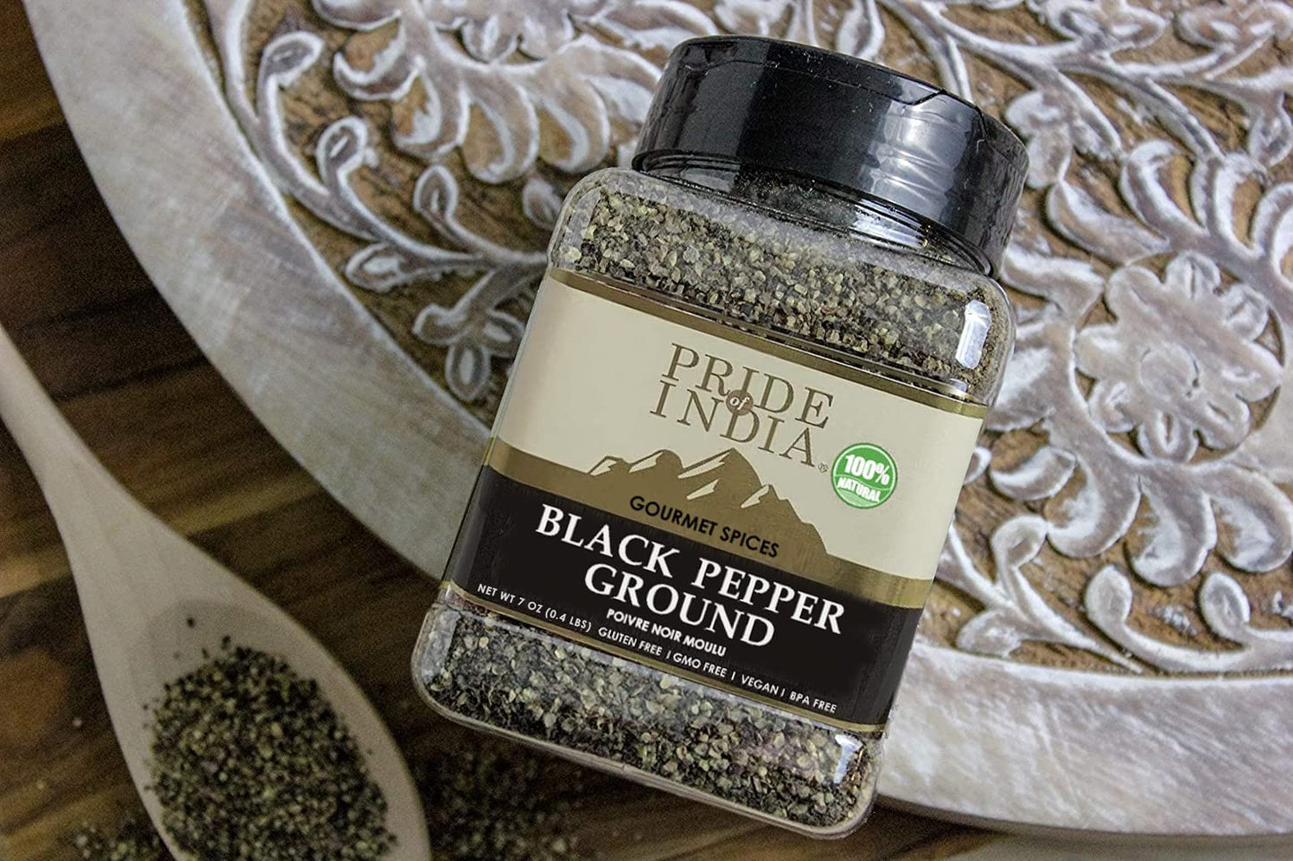 Pride of India - PACK of 6 - Black Pepper Ground – Ideal for Gourmet Dishes/Soups/Stews/Rubs – Fresh & Preservatives Free – Warming Spice – Easy to Store – 7oz. Medium Dual Sifter Jar