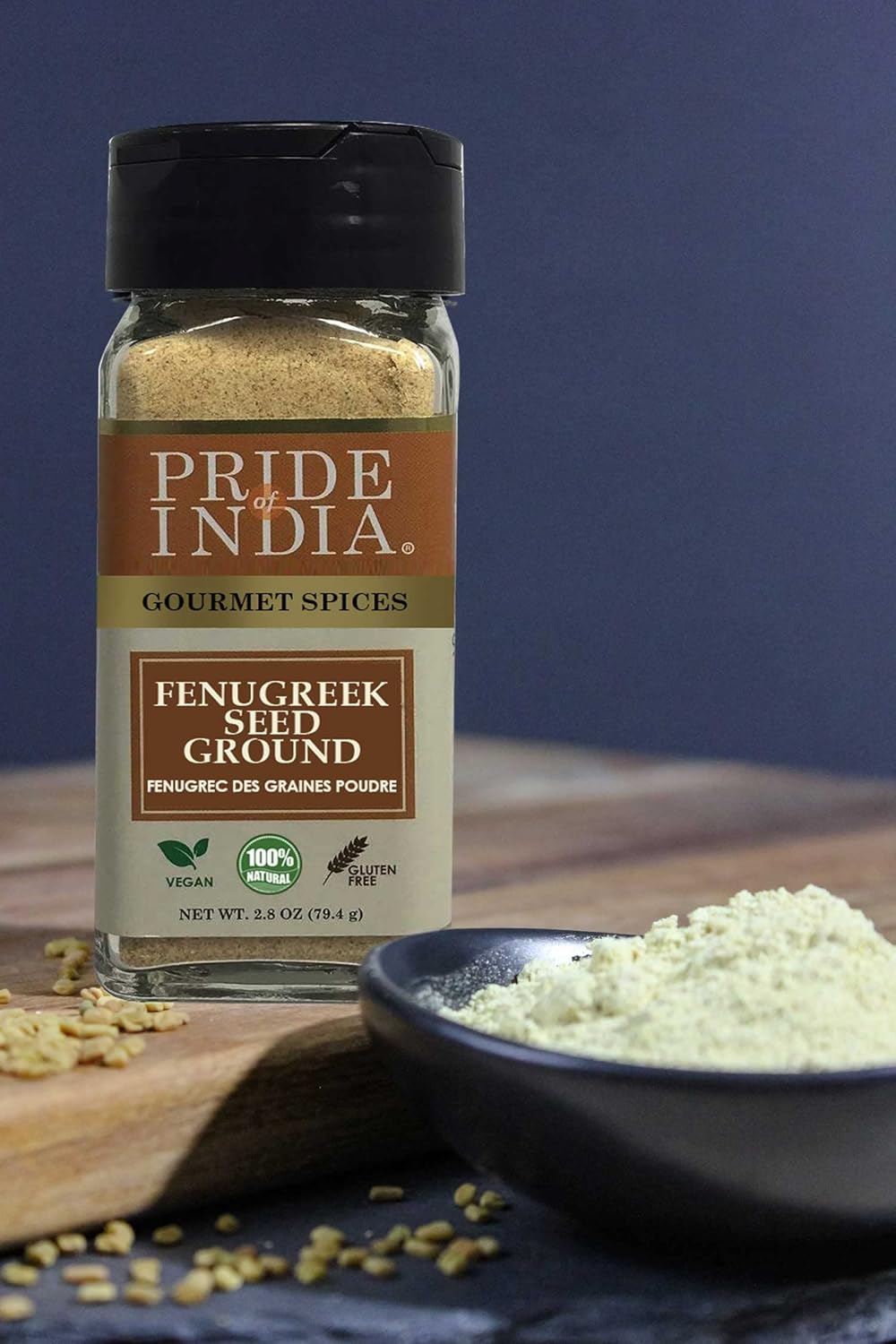Pride of India – Fenugreek Seed Ground – Gourmet Indian Spice – Vegan, Gluten & GMO-Free – Ideal for Cooking & Meat Seasoning – Easy to Use – 2.8 oz. Small Dual Sifter Jar