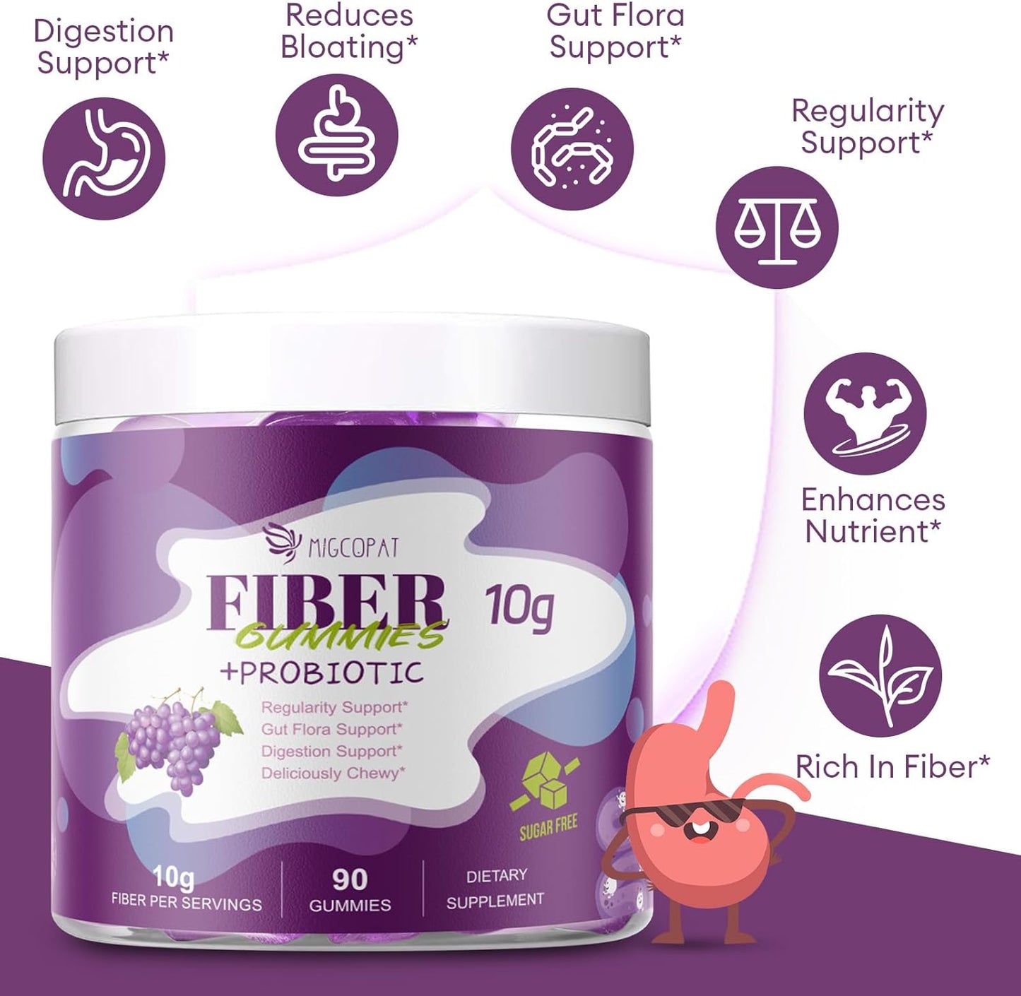 10G Fiber Gummies for Adults, No Sugar Added Grape Flavor, Fiber Supplement with 30 Billion CFU Probiotics Blend, ACV, Vitamin C, Inulin, Support Digestive Health, 90 Count