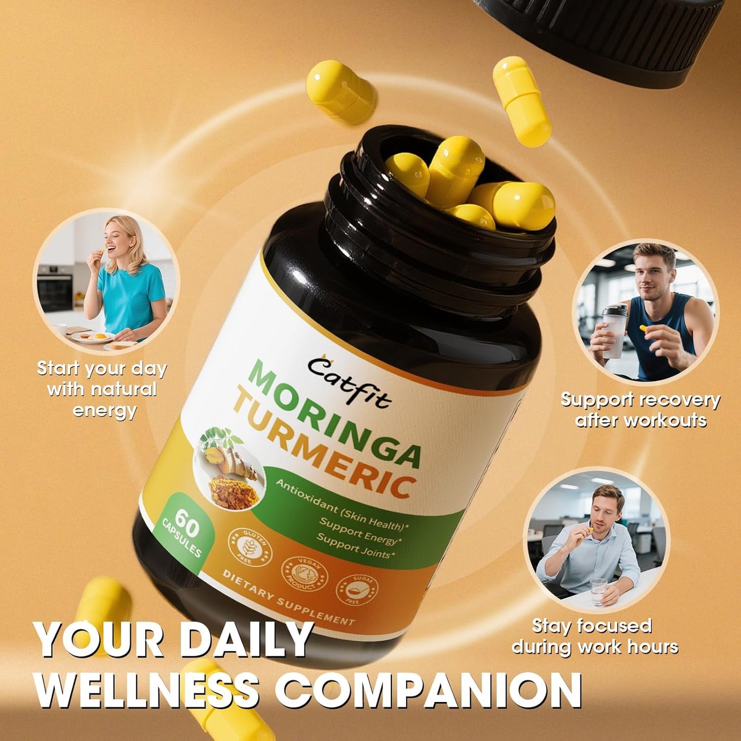 2 Pack Moringa Capsules, Moringa Powder with Turmeric, Bromelain and Black Pepper, 4-in-1 Superfood for Energy, Immune, Digestion and Antioxidant Support, Vegan, Gluten-Free, 120 Count