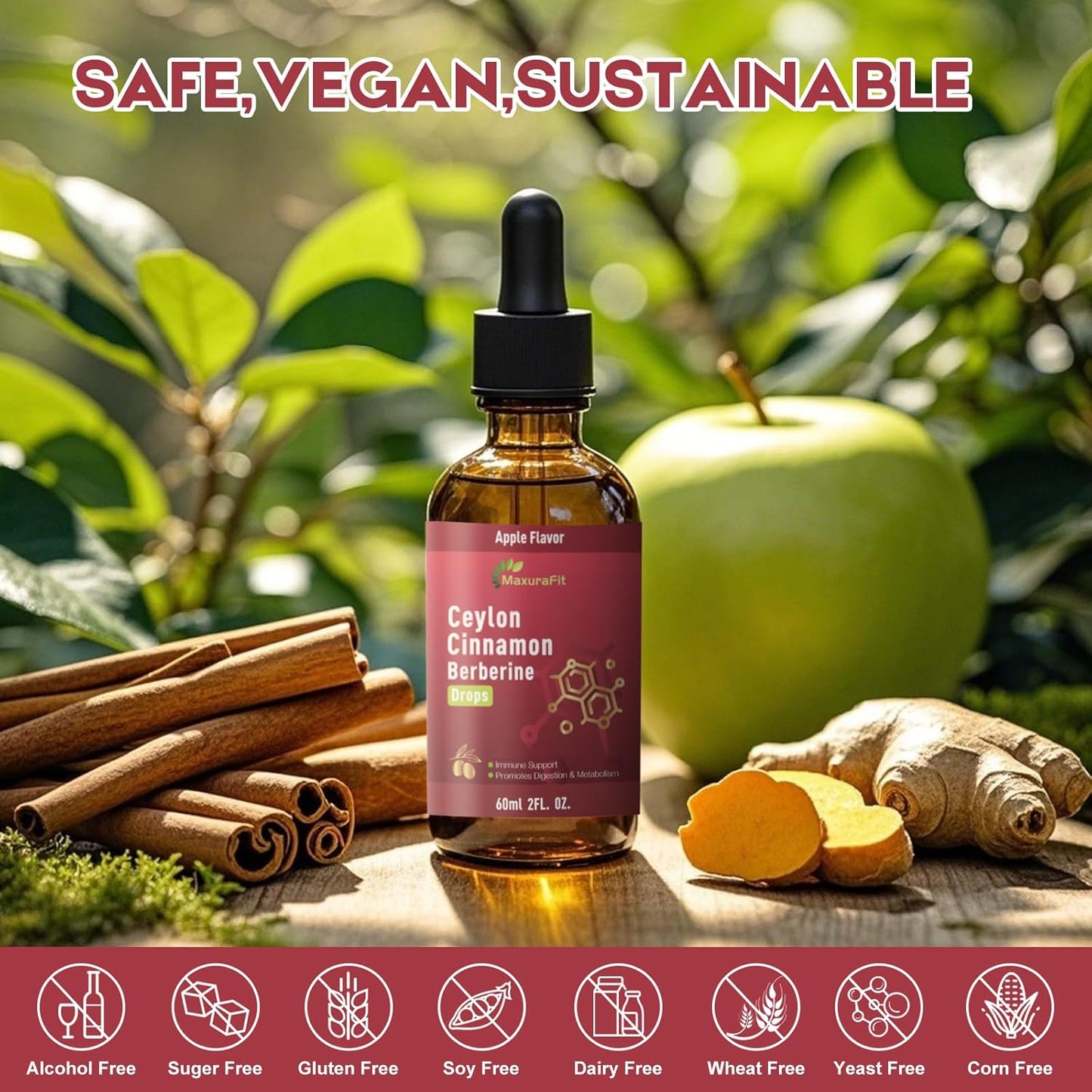 2 Pack Ceylon Cinnamon Berberine Bitter Liquid Drops Supplement with Turmeric,Green Tea,Apple Cider Vinegar,Black Seed Oil 4 FL OZ