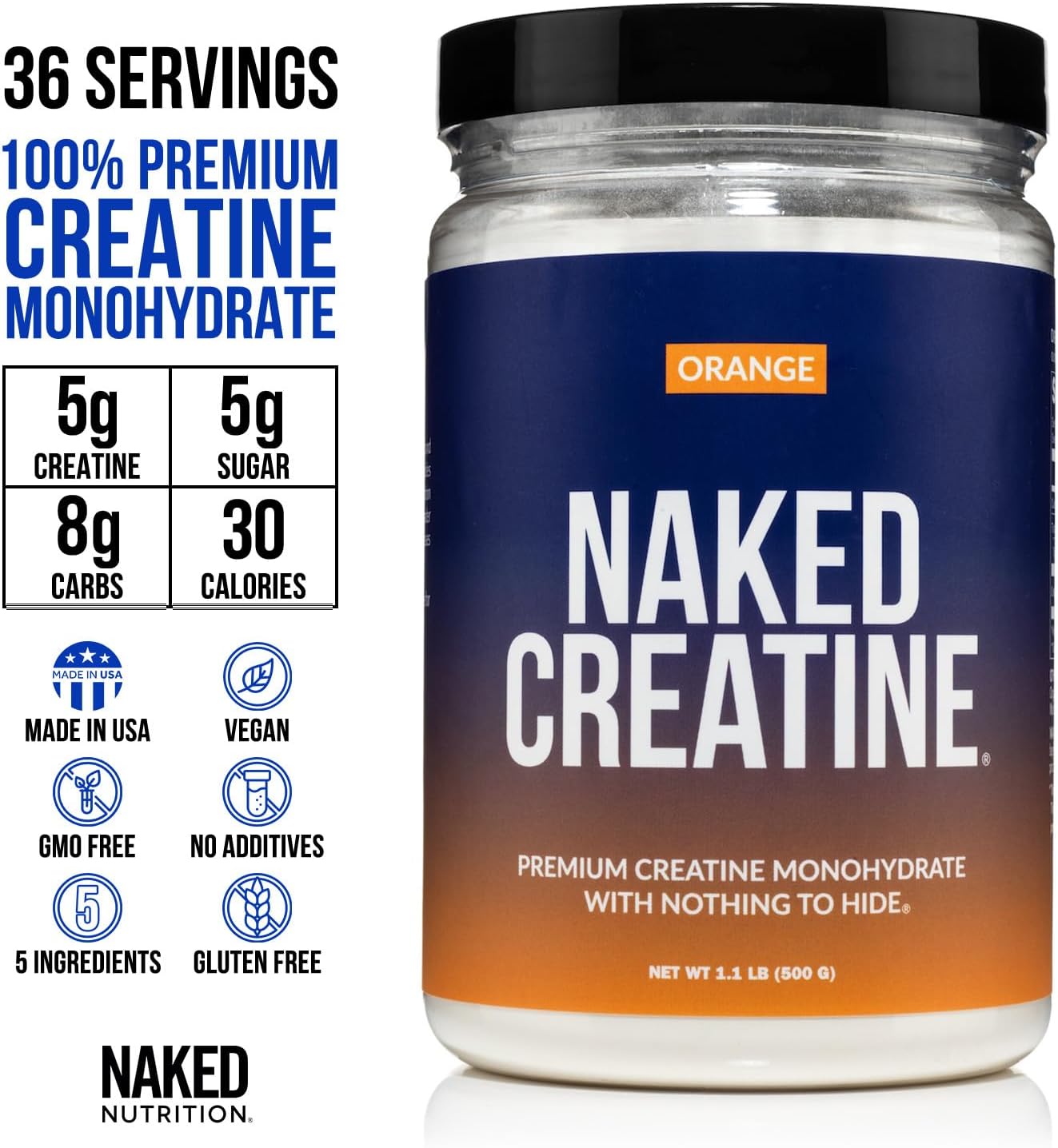 NAKED Pure Micronized Orange Creatine Monohydrate - 36 Servings - 500 Grams, 1.1Lb Bulk, Vegan, Non-GMO, Gluten Free, Soy Free. Aid Strength Gains, No Additives