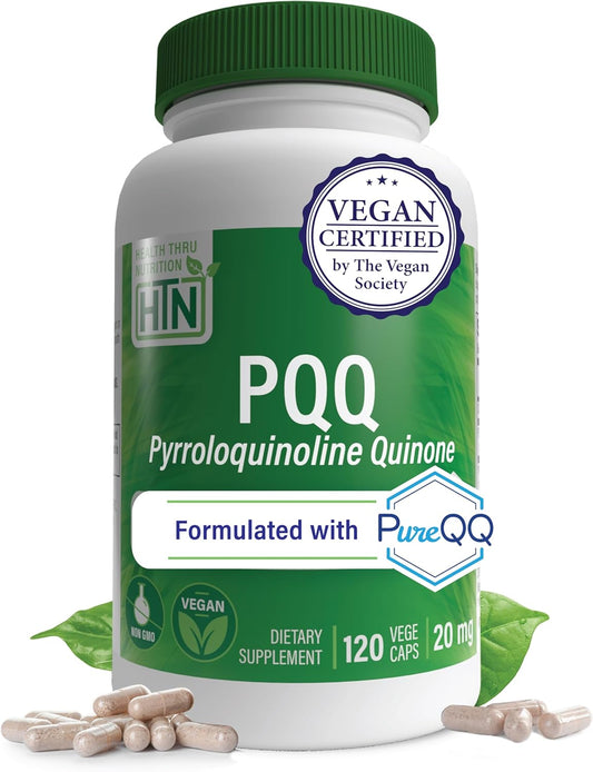 Health Thru Nutrition PQQ 20mg 120 Servings Pyrroloquinoline Quinone as PureQQ | Promotes Mitochondrial Biogenesis | Certified Vegan | Non-GMO Gluten Soy Free Capsules| Clean Label PQQ Supplement