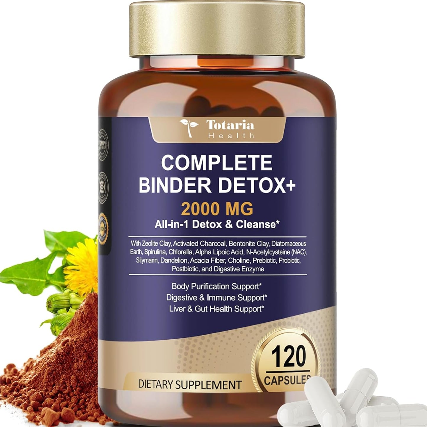2000MG Complete Binder Detox+ Activated Charcoal, Zeolite, Bentonite Clay, NAC, Milk Thistle, Probiotic, All-in-1 Detox & Cleanse Supplement, Liver & Gut Support, 120 Counts