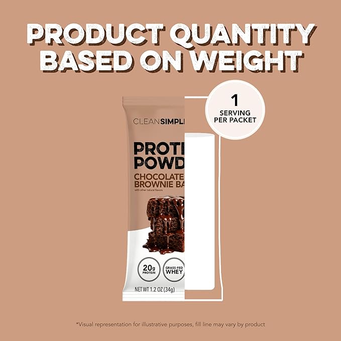 Clean Simple Eats Whey Protein Powder, Chocolate Brownie Batter Flavor, Naturally Sweetened, 100% Grass Fed Protein Powder, Digestive Enzymes & No Artificial Ingredients, Gluten Free, 10 Stick Packs
