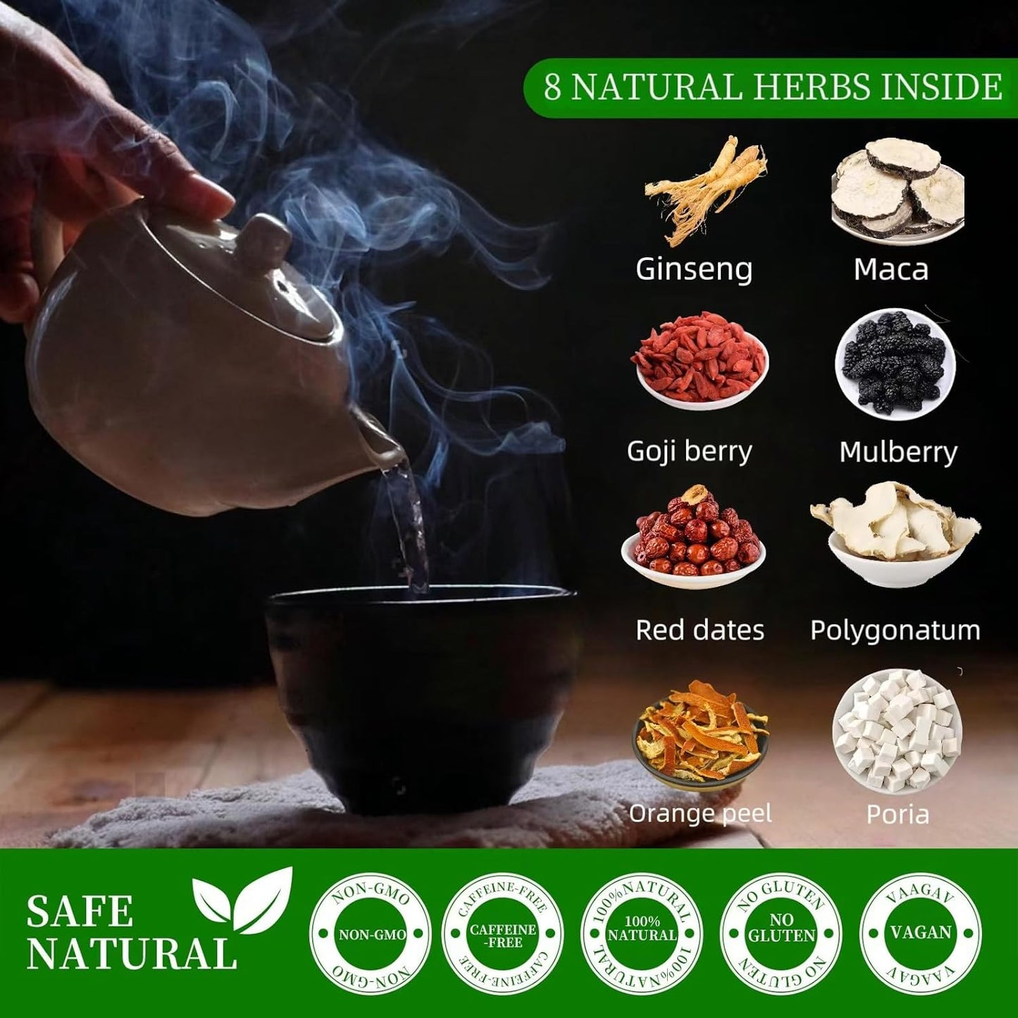 20 Pack Organic Ginseng Kidney Tea-Ginseng Six Treasure tea,Eight Natrual Herbs Blend Mulberry,Wolfberry-Traditional Chinese Herbal Kidney Tea Formula for Men & Women,100% Plant Base(300g/Bag)