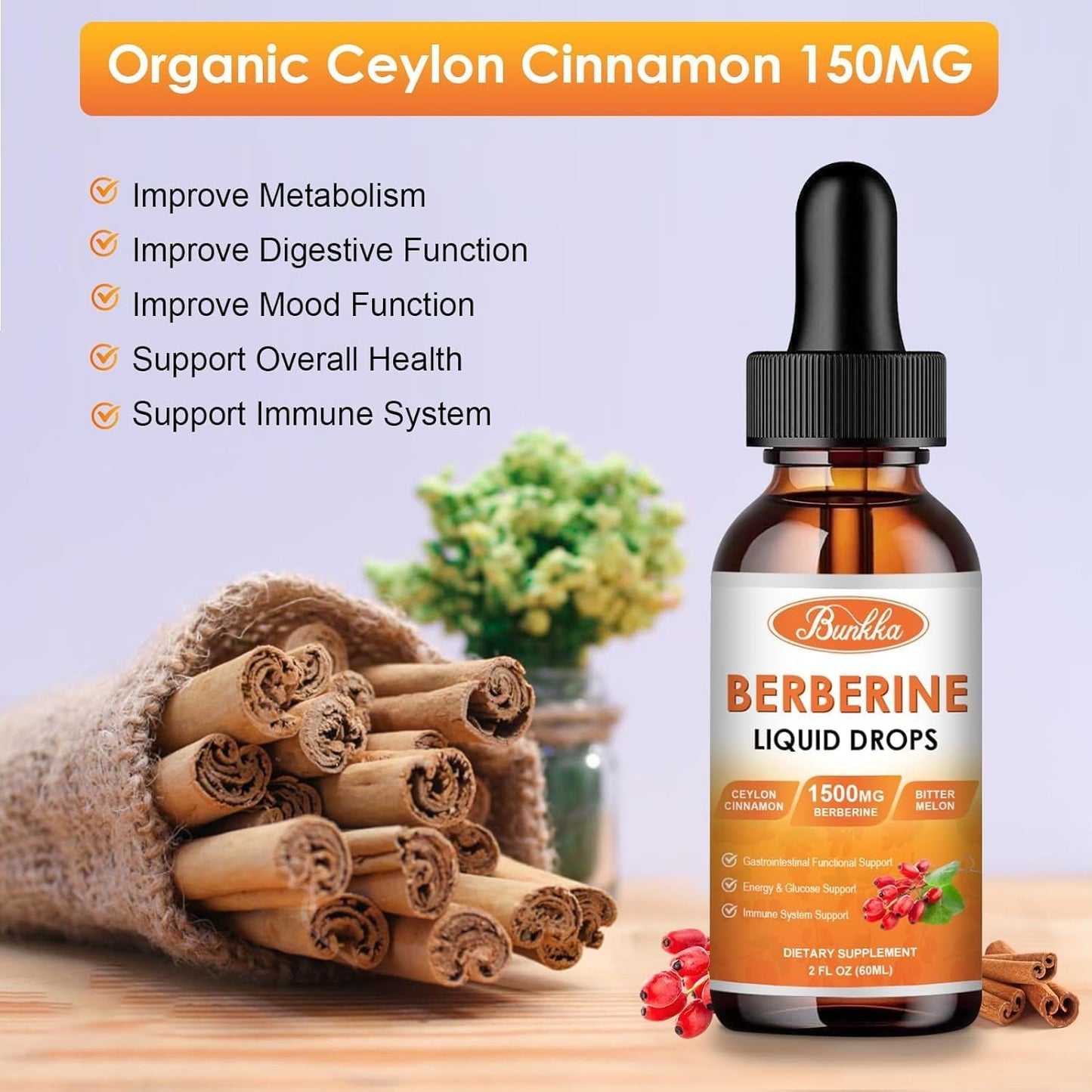 (2 Pack) Berberine Supplement, Berberine Liquid Drops with Ceylon Cinnamon, Bitter Melon, Sugar-Free & Vegan Supplement Supports Immune System & Gastrointestinal Care - 4 FL Oz