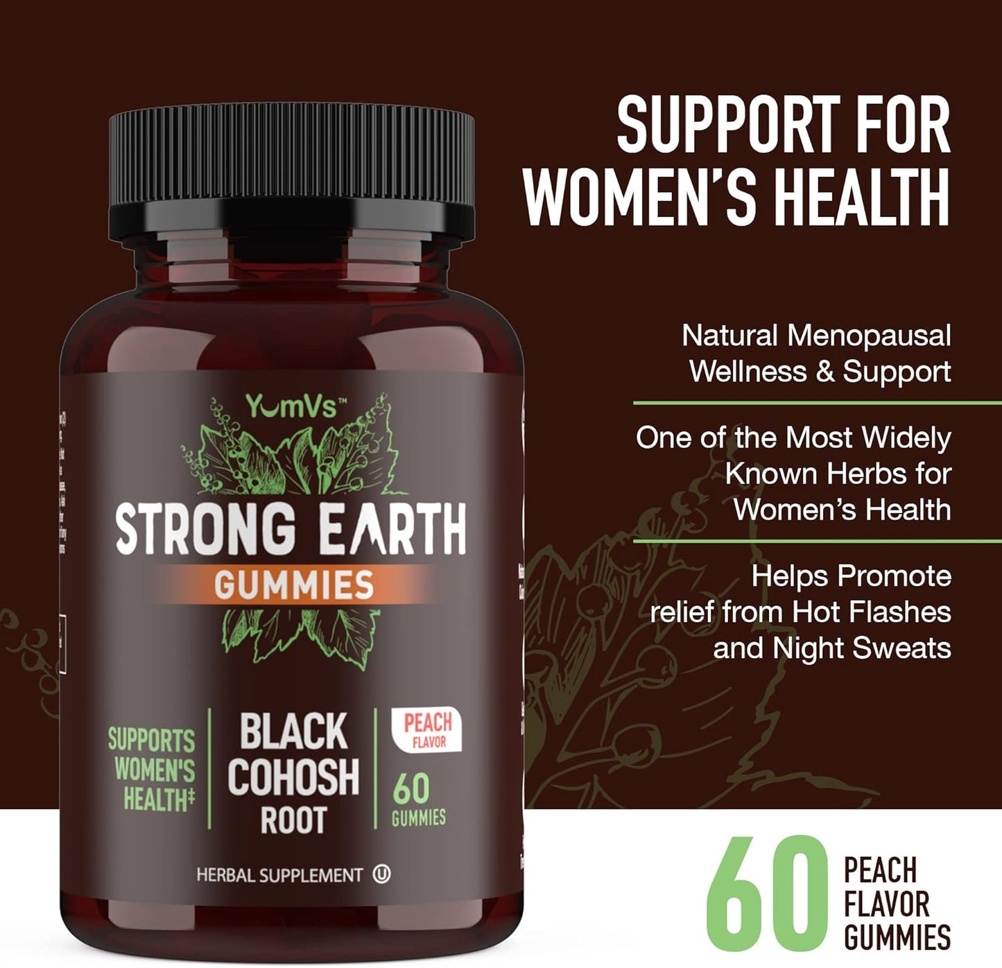 YUM-V'S Strong Earth Black Cohosh Root 50mg (60 Count) - Natural Extract Menopause Supplements Night Sweats & Hot Flashes for Women