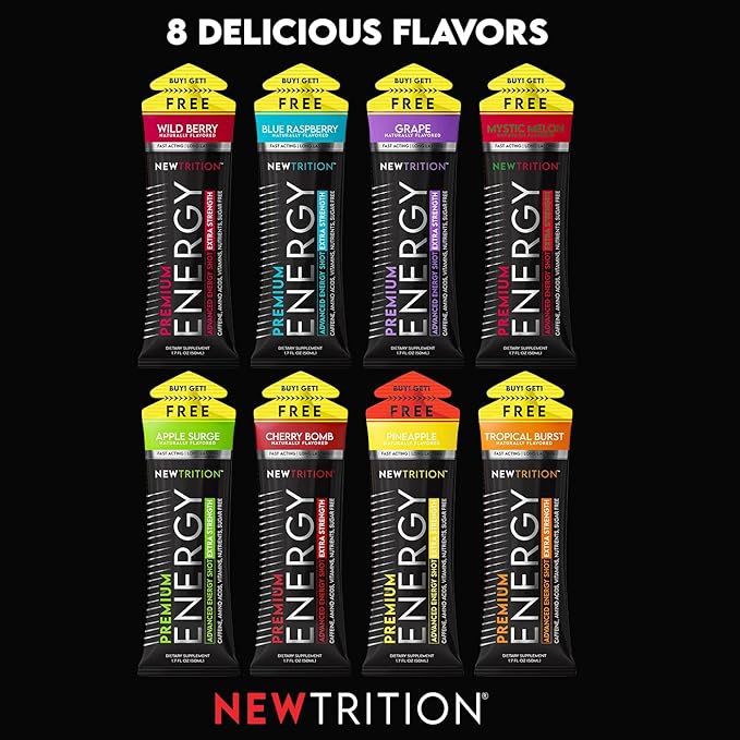 NewTrition® Extra Strength Energy Shots 1.7 fl oz - 250mg Caffeine with B Vitamins & Amino Acids, Sugar-Free Zero Calorie Vitamin Energy Drink for Focus & Endurance (Pack of 12, 4 Flavors - Mixed 1)