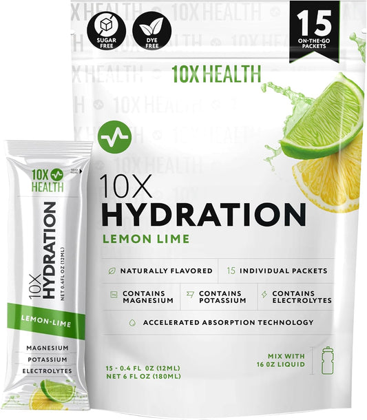 10X Health Electrolyte Drink Mix - Hydration Packets - Sodium, Magnesium, Potassium Citrate & Electrolytes Packets - Naturally Flavored, Dye-Free & Sugar-Free Hydration Packs - 15 Sticks, Lemon Lime